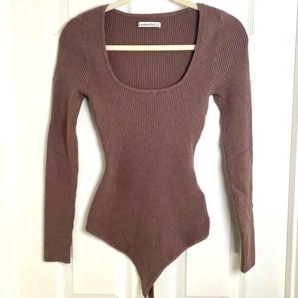 Abercrombie & Fitch Taupe Brown Ribbed Scoop Neck Long Sleeve Bodysuit Size Sm - Picture 1 of 9